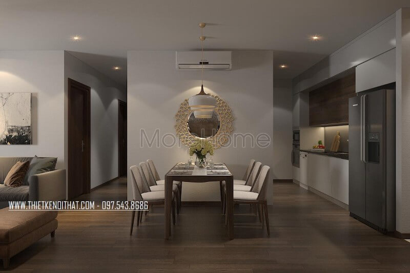 Không gian ăn uống được thiết kế bàn ăn hiện đại, gương trang trí với mẫu đèn thả hình tròn trắng tinh tế tạo cho không gian phòng ăn thêm đầy đủ tiện nghi và ấm áp. Mẫu nội thất chung cư hiện đại
