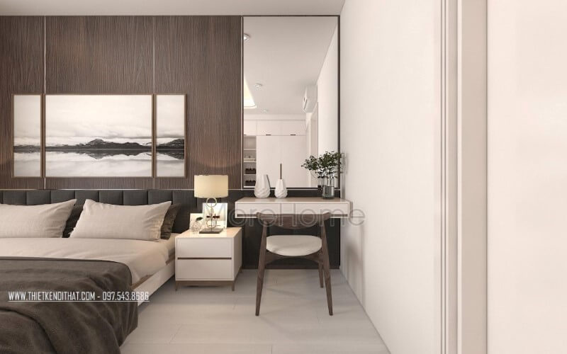 Trang trí phòng ngủ hiện đại, đẹp với gương trang trí, tranh treo tường canvas, đèn bàn cao cấp.