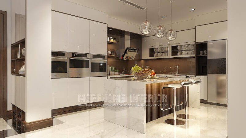 Thiết kế tủ bếp đẹp, ở chính giữa không gian là chiếc bàn đảo tích hợp nhiều công năng như quầy bar, bàn ăn phụ tạo sự tiện nghi trong hoạt động nấu nướng, dùng bữa Tủ bếp đẹp, sang trọng và đẳng cấp