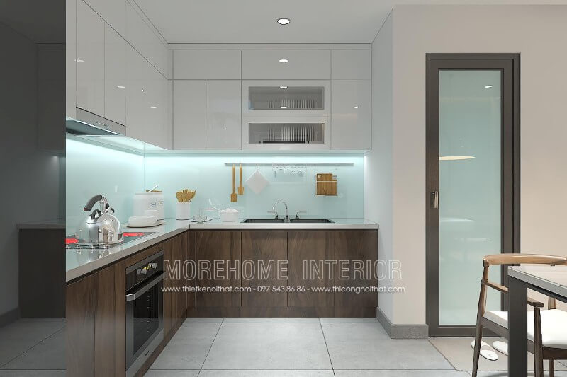 Tủ bếp hiện đại gỗ công nghiệp với sự kết hợp hài hòa của 2 gam màu nâu trầm và trắng tinh tế mang lại sự cuốn hút khó có thể rời mắt Tủ bếp gỗ công nghiệp và tủ bếp acrylic