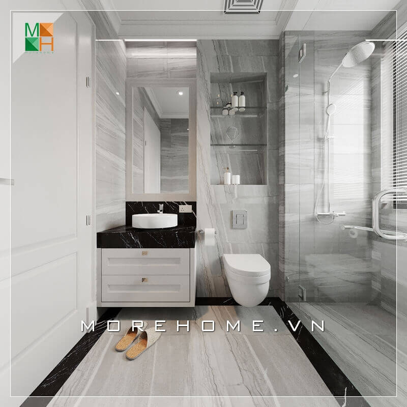 Sử dụng đồng bộ gạch lát nên và ốp tường đẹp, phòng tắm trở nên sang trọng và rất tiện nghi. Thiết kế phòng tắm biệt thự