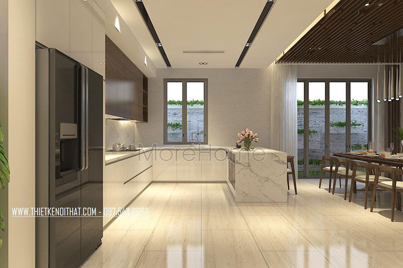 Khu vực bếp được thiết kế hiện đại với tông màu trắng mang đến sự sạch sẽ và ấm cúng tạo nguồn cảm hứng cho những món ăn ngon Thiết kế phòng bếp, tủ bếp đẹp
