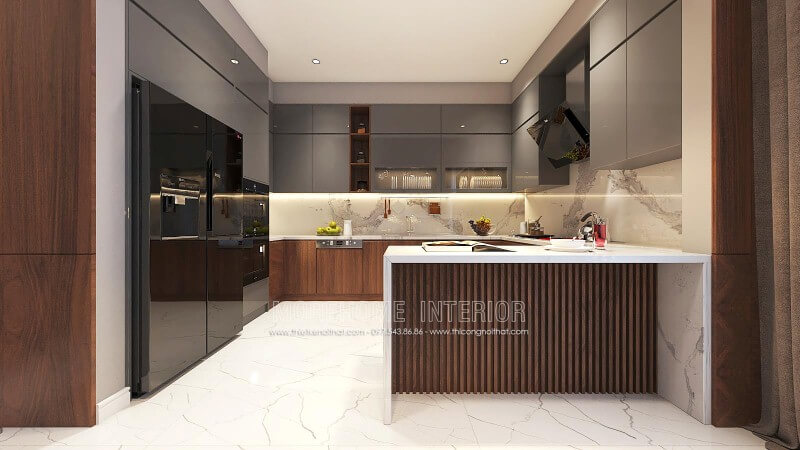 Tủ bếp gỗ công nghiệp đẹp sang trọng cho phòng bếp nhà phố, biệt thự hiện đại. Thiết kế tủ bếp chung cư
