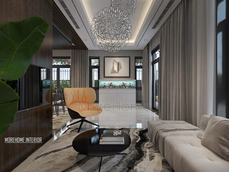 Thảm lông mềm nghệ thuật tạo sự phân chia độc đáo cho phòng khách hiện đại sang trọng.
