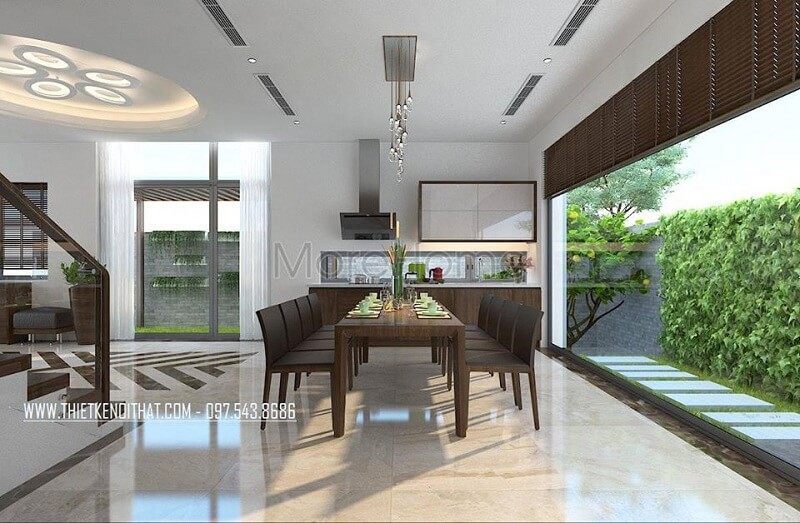Thiết kế nội thất biệt thự hiện đại với bộ bàn ăn gỗ tự nhiên mang đến không gian phòng ăn lí tưởng độc đáo