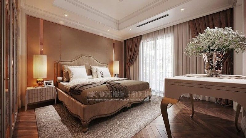 Giường bọc nệm phong cách tân cổ điển đẹp, sang trọng cho phòng ngủ master cao cấp.