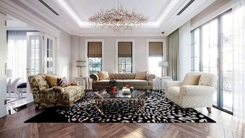 Bộ bàn ghế sofa văng tân cổ điển hoa văn đẹp mắt, sang trọng tạo điểm nhấn ấn tượng cho không gian.