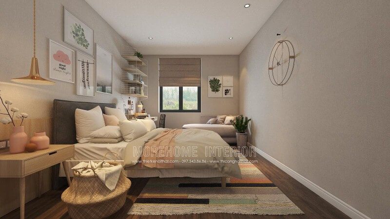 Bố trí nội thất phòng ngủ hiện đại đẹp tinh tế với điểm nhấn tranh treo tường, góc học tập, làm việc độc đáo.