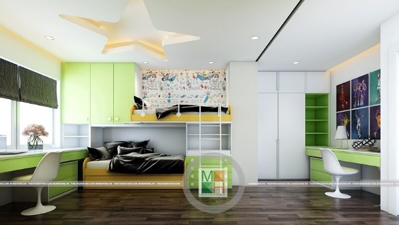 Mẫu thiết kế giường tầng cao cấp phù hợp với phòng ngủ trẻ con chung cư diện tích hạn chế mang lại sự tiện lơi giúp không gian căn phòng thoáng hơn