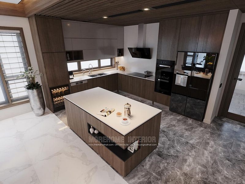 Tủ bếp công nghiệp hiện đại với gam màu nâu đẹp được sản xuất.