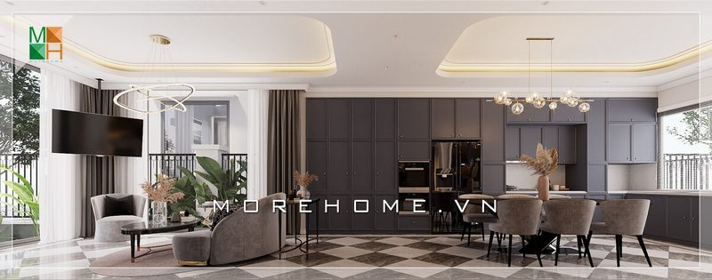 Toàn bộ cảnh quan của phòng khách liền phòng ăn được thiết kế sang trọng, đẳng cấp để phù hợp với biệt thự, nhà phố có phong cách tân cổ điển.